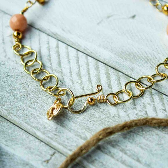 Peach Aventurine Bead Bracelet with Handmade Gold Chain Links - Picture 10 of 15